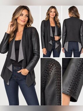 Stella & Jamie Medium Black Genuine Leather Mixed Media Draped Jacket